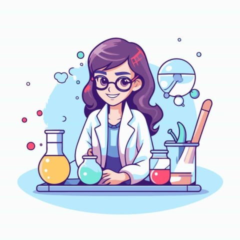 Scientist woman working in laboratory. Vector illustration in ca