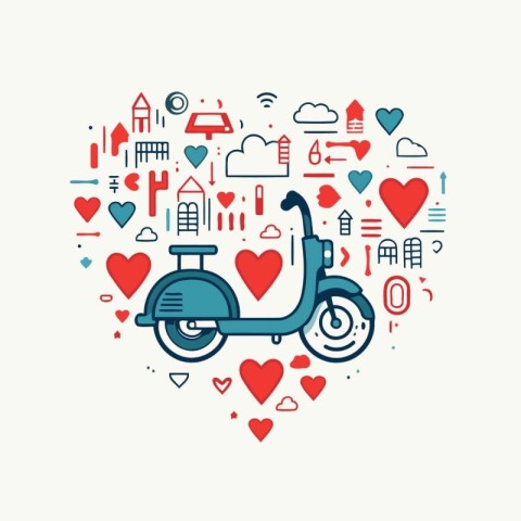 Vector illustration of scooter in the shape of heart. Love and r