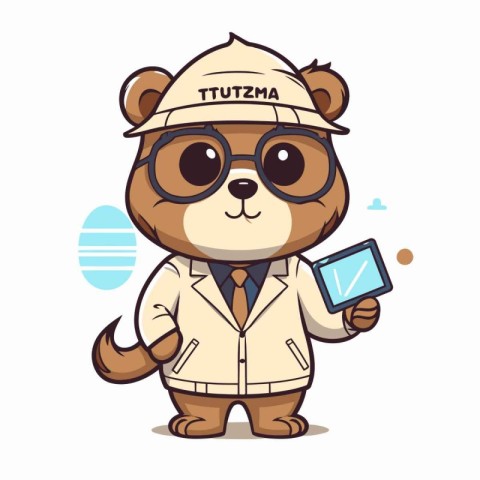 Beaver wearing a hat and glasses holding a tablet. Vector illust