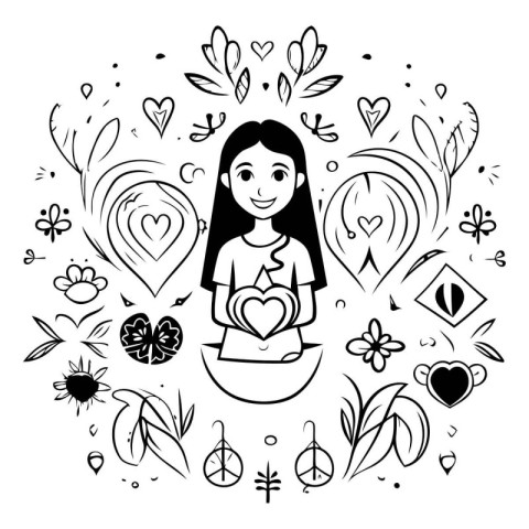 Vector illustration of a girl in a lotus position surrounded by