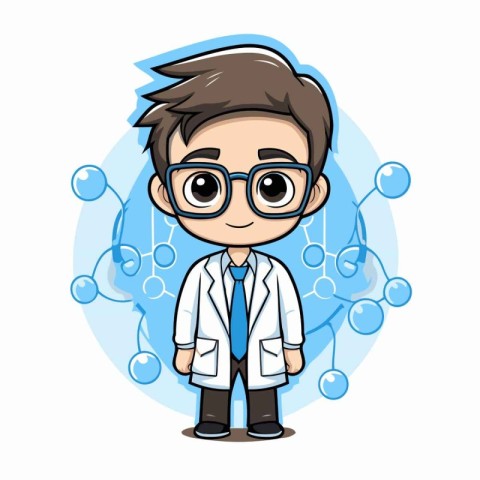 Scientist boy cartoon character with lab coat and glasses. Vecto