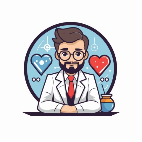 Vector illustration of a doctor with a beard and glasses in a ci