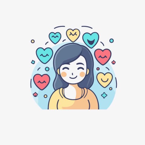 Cute girl with hearts around her. Vector illustration in linear