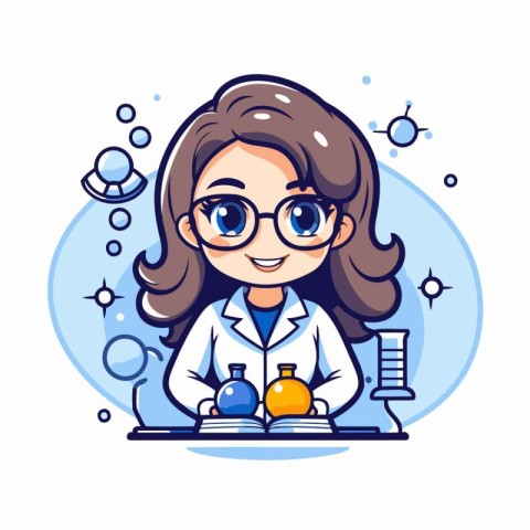 Scientist girl in glasses holding test tube and microscope. Vect