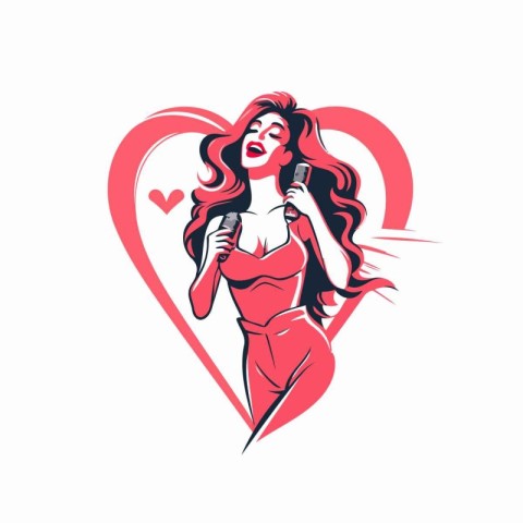 Singing woman with microphone and heart. Vector illustration on