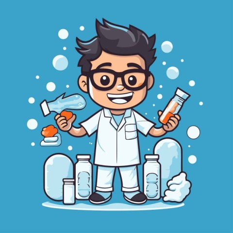 Cartoon character boy in lab coat and glasses. Vector illustrati