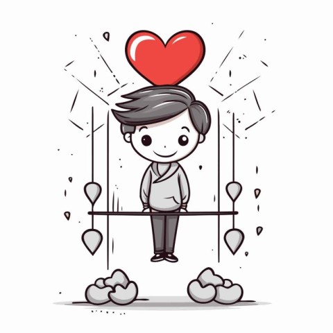 Boy on seesaw holding red heart in his hands. Vector illustratio