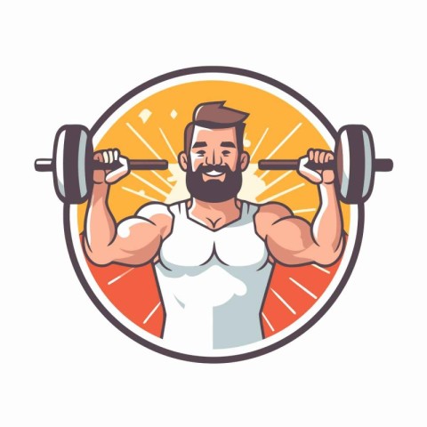 Fitness man with barbell. Vector illustration in cartoon style.