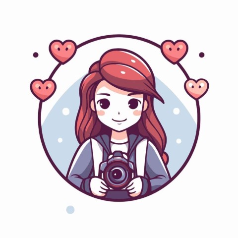 Cute cartoon girl with camera and hearts around her. Vector illu