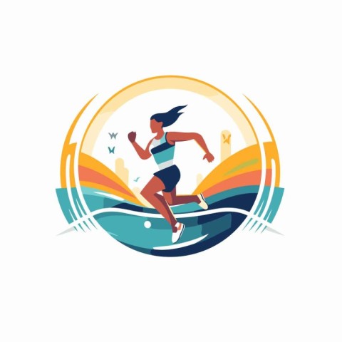 Running woman vector logo. Sportswoman running on the beach.