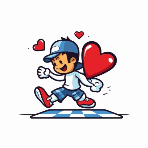 Cute boy running with heart and checkered flag. Vector illustrat