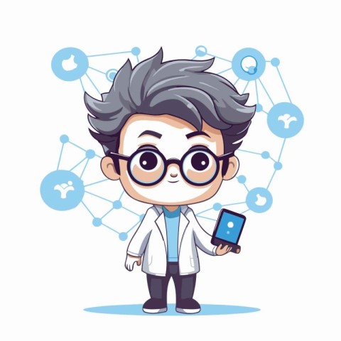 Cute boy in science lab coat and glasses holding smart phone. Ve