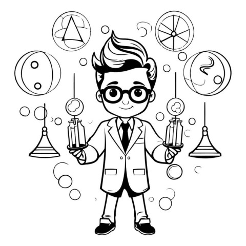 Schoolboy with science icons. Vector illustration in black and w