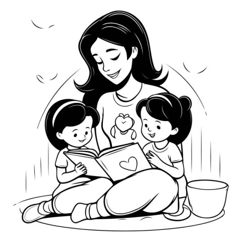 Mother reading a book with her children. Black and white vector