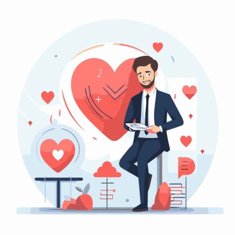 Man in love with a gift box. Valentines day concept. Vector flat