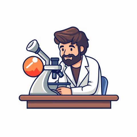 Scientist working with microscope in laboratory. Vector illustra