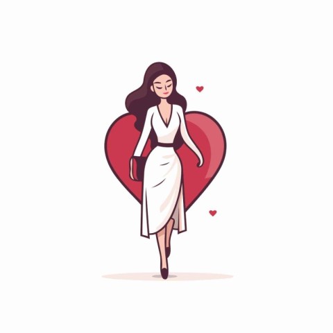 Beautiful woman in a white dress with a red heart. Vector illust