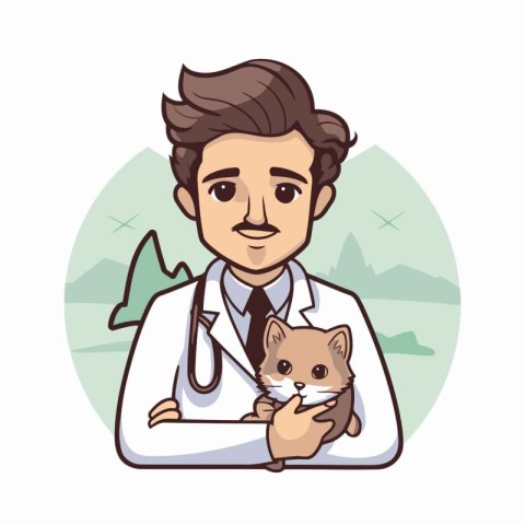 Veterinarian with a cat. Vector illustration in cartoon style.