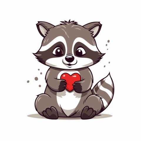 Cute raccoon holding a red heart. Vector cartoon illustration.