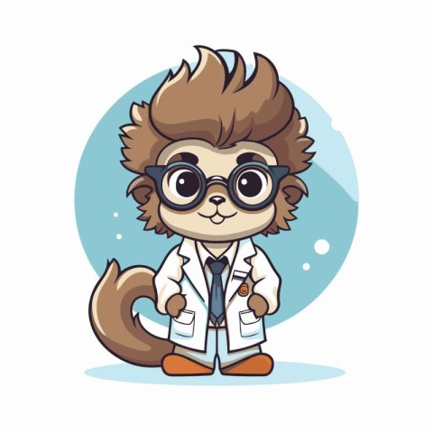 Cute cartoon monkey in lab coat and glasses. Vector illustration