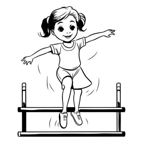 Cute little girl jumping over hurdle. Black and white vector ill