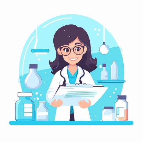 Cartoon vector illustration of female doctor in lab coat and gla