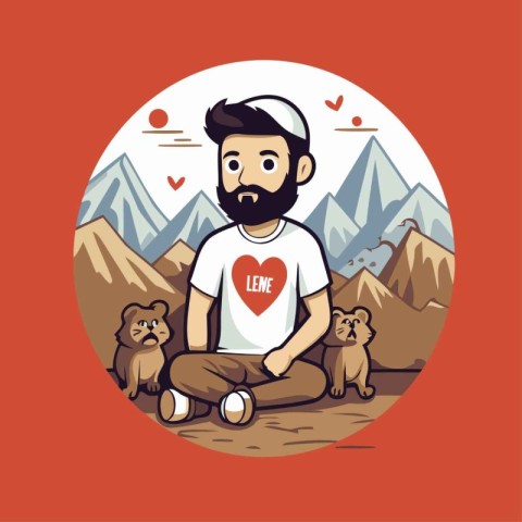 Cute cartoon illustration of a man with a dog in the mountains