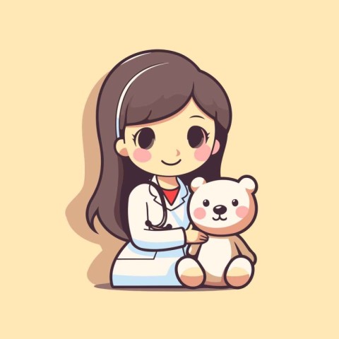 Illustration of a cute little girl playing doctor with teddy bea