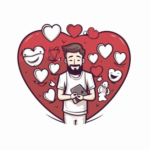 Valentine's day greeting card. Bearded man holding smartphone in