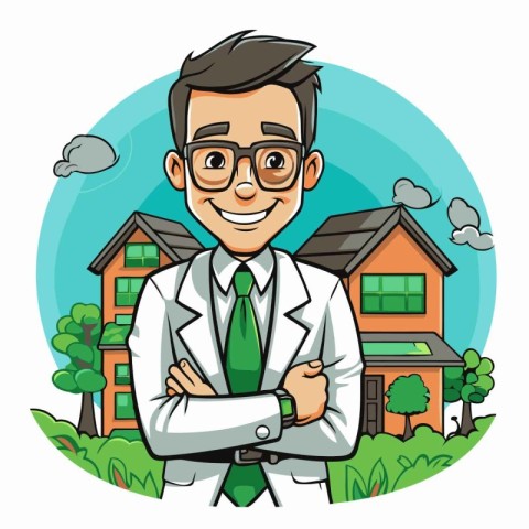 Vector illustration of a man in a lab coat and glasses standing