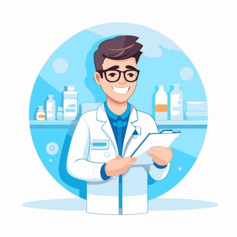 Pharmacist with clipboard. Vector illustration in a flat style.