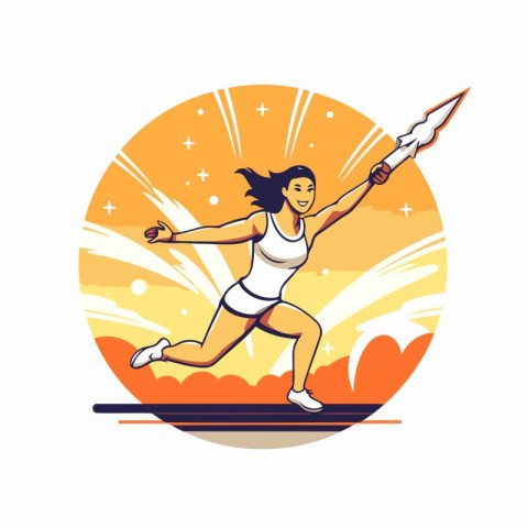 Sportswoman running with katana sword. Vector illustration in fl