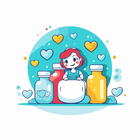 Little girl holding a big snowman with many colorful glass jars