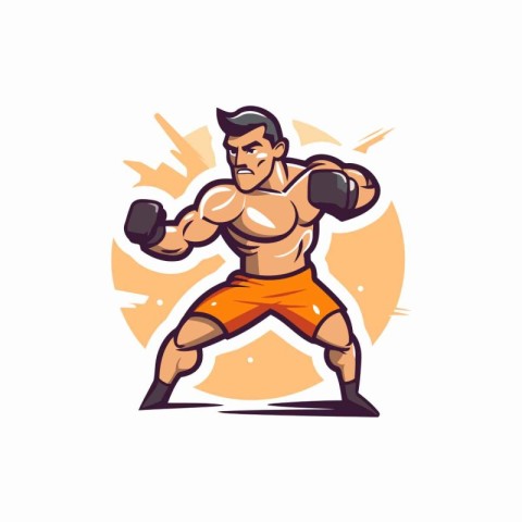 Muscular man doing exercise with dumbbells. Vector illustration.