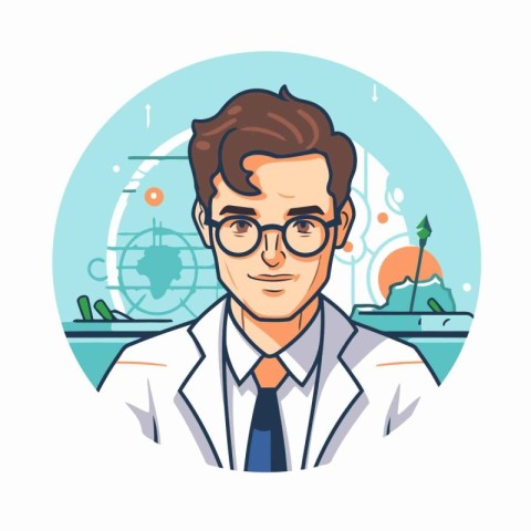 Scientist in a white coat and glasses. Vector illustration in ca