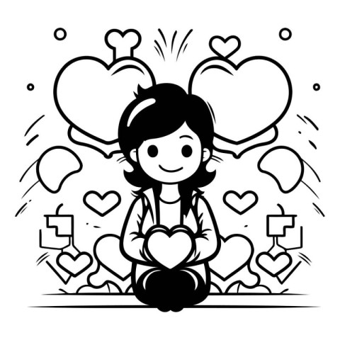 Girl in love with hearts. Black and white vector illustration fo