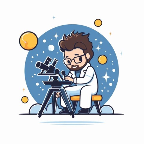 Scientist working with microscope. Vector illustration in flat c