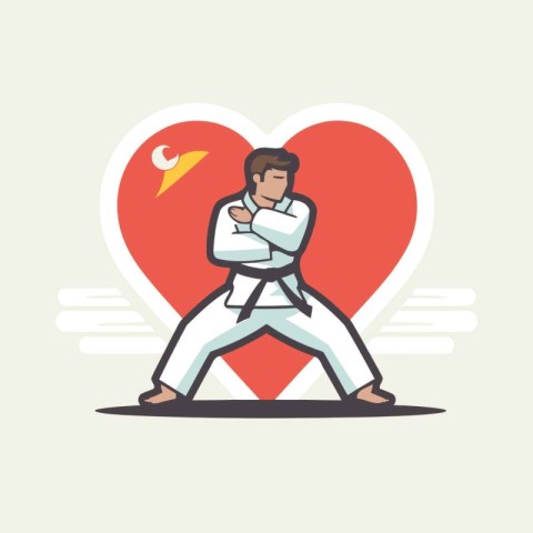 Karate man doing karate stance. Vector illustration in flat styl