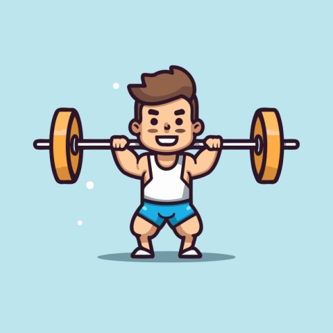 Funny cartoon boy lifting a barbell. Vector character illustrati