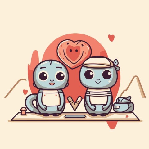 Cute cartoon couple of robots in love. Vector illustration. Vale