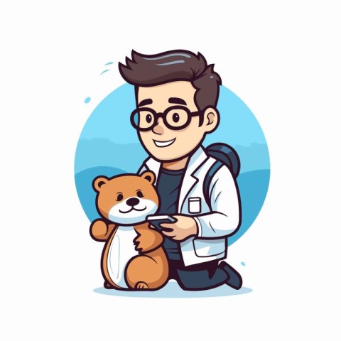 Veterinarian with teddy bear. Vector illustration in cartoon sty