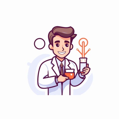 Scientist with test tube and flask. Vector illustration in carto