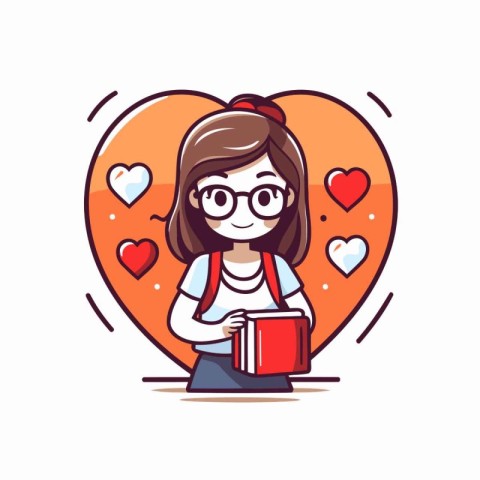 Cute schoolgirl in glasses holding a book. Vector illustration.