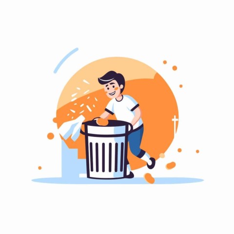 Man throwing garbage into trash can. Vector illustration in flat