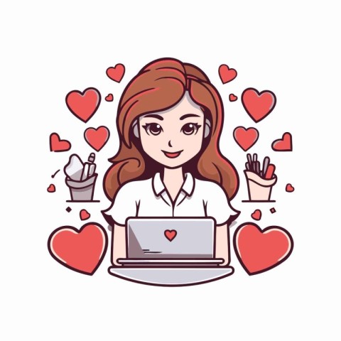 Lovely girl with laptop and hearts. Vector illustration in carto