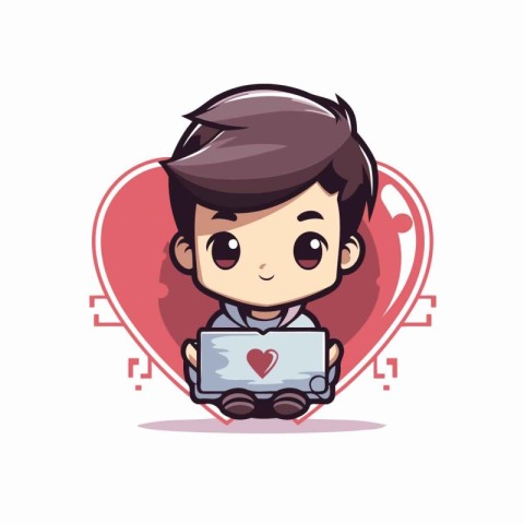 Cute boy holding laptop computer with heart icon. Vector illustr