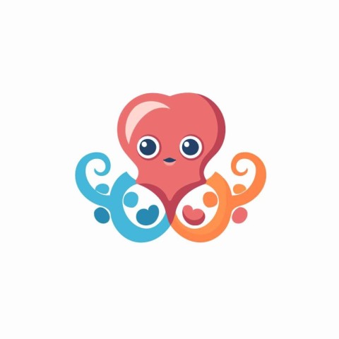 Cute heart with fish and octopus logo. Vector illustration.