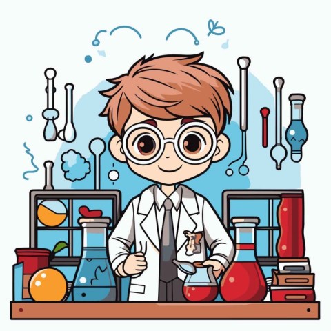 Cute boy scientist in laboratory. Vector illustration in cartoon