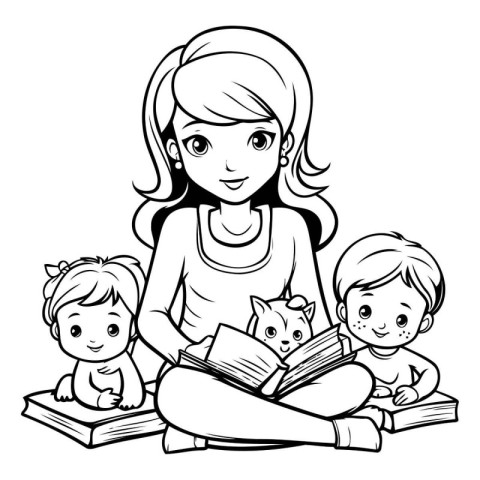 Mother reading a book with her children. black and white vector