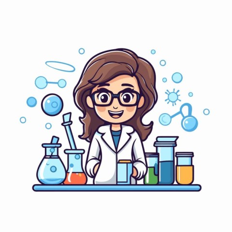 Scientist girl in lab coat and glasses. Vector illustration in c